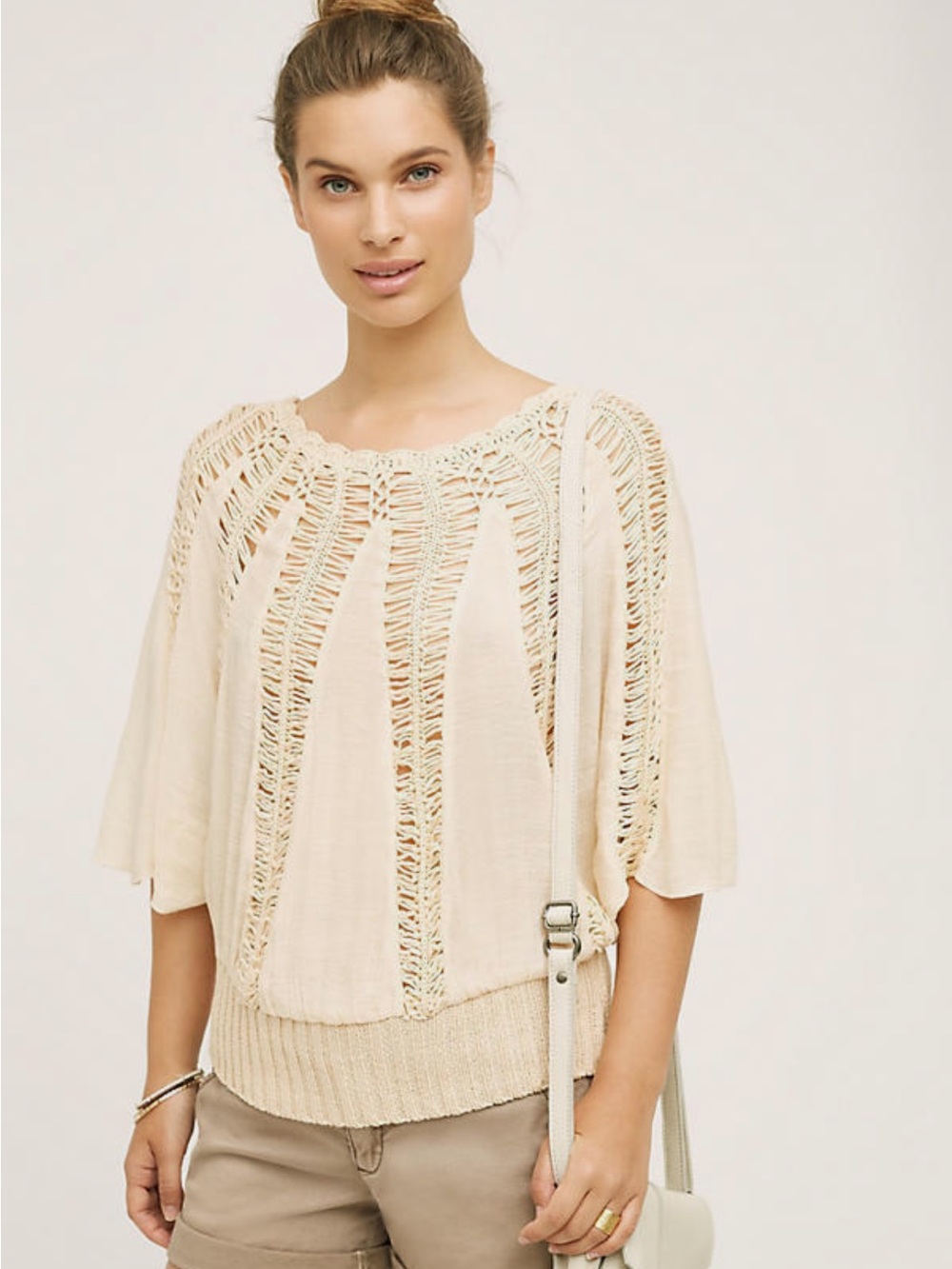 Anthropologie Cream Openwork Crochet Knit Top